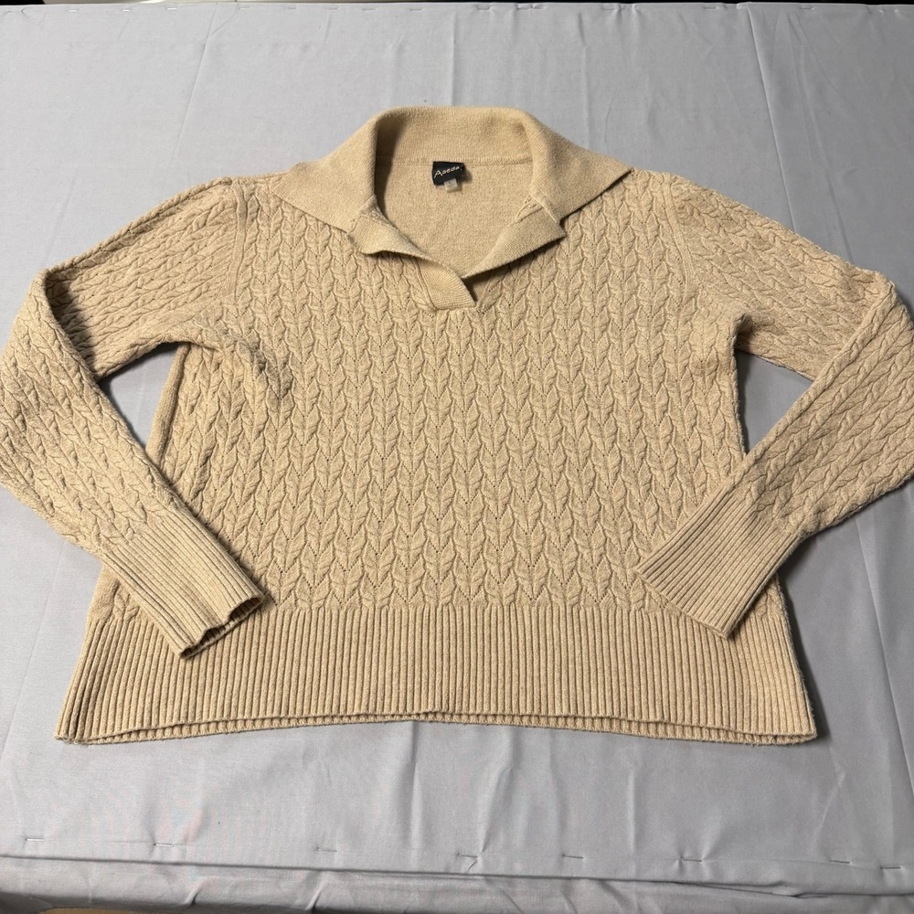 Aaeda Women Tan Beige Cable Knit Polo Collar V-Neck Sweater Size Large RN 163742